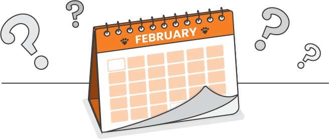 Illustration of a February desk calendar with several question marks around it, suggesting confusion or uncertainty about the dates—perfect for highlighting questions like "what is World Pet Health Month?.