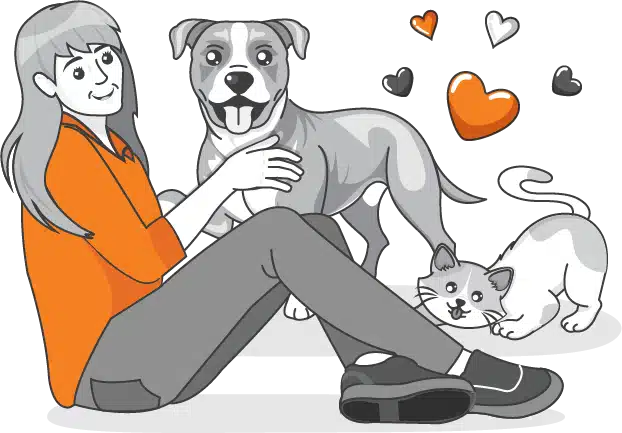 Illustration of a person sitting on the floor, petting a dog, with a cat nearby. Hearts float above them, celebrating affection and care—perfect for highlighting World Pet Health Month and its focus on animal well-being.