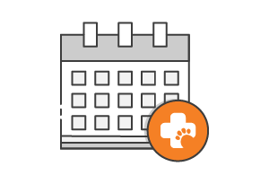 A simple calendar icon with a round orange medical symbol featuring a white cross and a footprint in the lower right corner, perfect for marking World Pet Health Month.