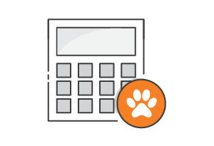 Illustration of a calculator with an orange circle featuring a white paw print in the lower right corner, symbolizing world pet health month.