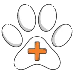 A black and white paw print with an orange medical cross symbol in the center of the palm, perfect for a Wag landing page or highlighting pricing tables for pet health services.
