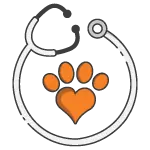 A gray stethoscope forms a circle around an orange paw print with a heart shape at its base—perfect for your Wag landing page.