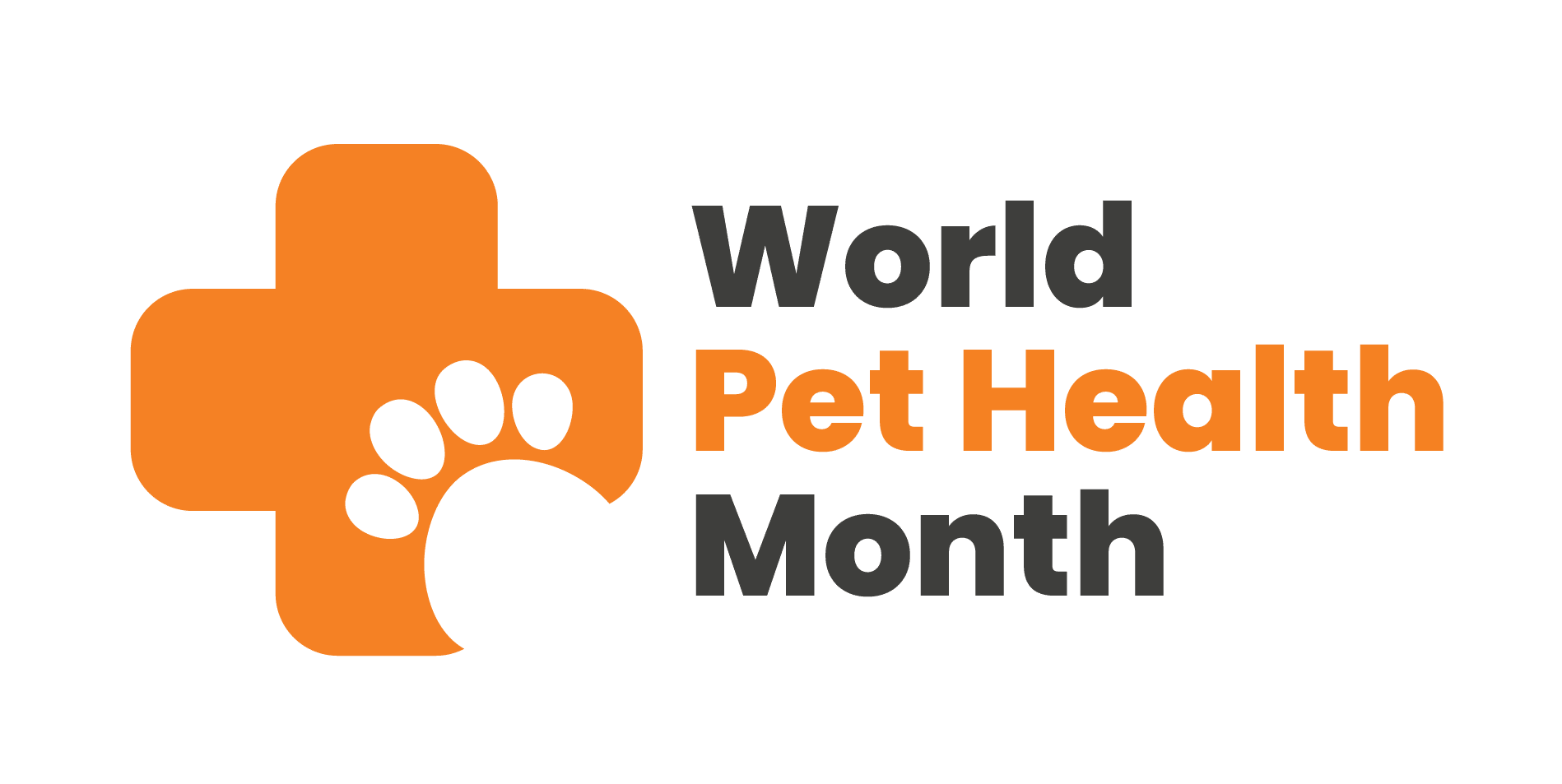 World Pet Health Month Logo with an orange medical cross featuring a paw print, next to the text "World Pet Health Month" in black and orange letters.