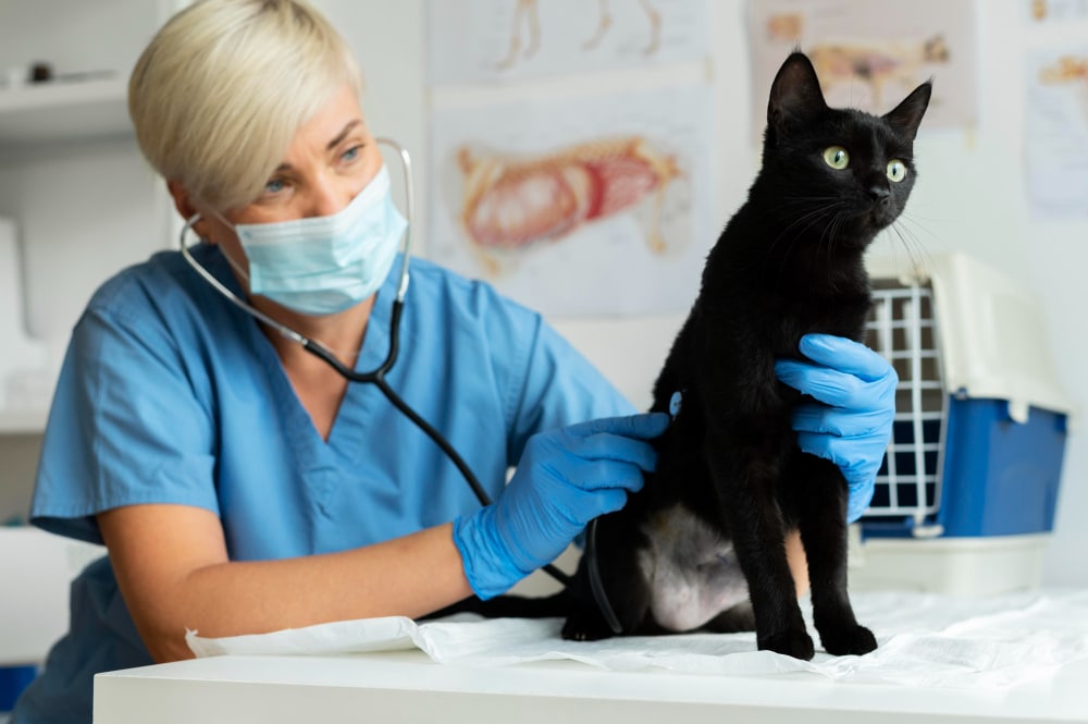 A veterinarian in scrubs and gloves examines a black cat with a stethoscope in a clinic setting, highlighting the importance of pet insurance claims for responsible pet care in 2025.