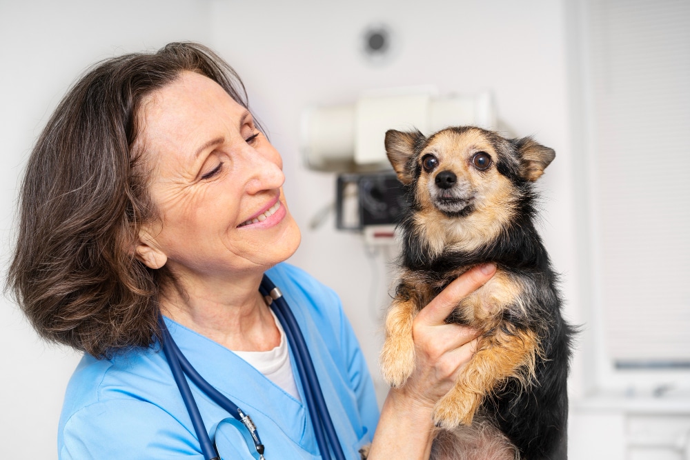 A veterinarian in blue scrubs holds a small black and tan dog, smiling in a veterinary clinic exam room, ready to assist with pet insurance claims for 2025.