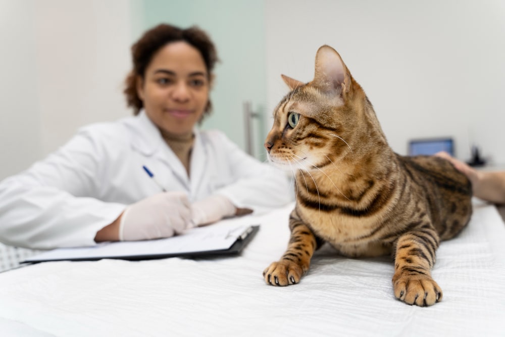 A veterinarian in a white coat sits at a desk with a clipboard, while a Bengal cat lies on an exam table in the foreground, possibly preparing pet insurance claims for 2025.