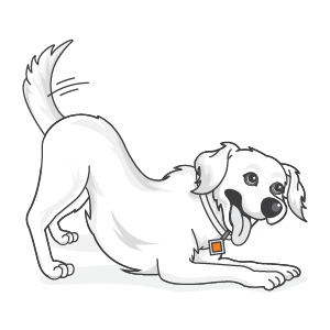 Cartoon illustration of a white dog with a wagging tail, crouching playfully with its tongue out and wearing a collar—perfect for brightening up any pet wall.