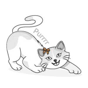 Cartoon illustration of a playful white cat with a flower by its ear, crouching with its tail up and mouth open—perfect for brightening up any pet wall decor.