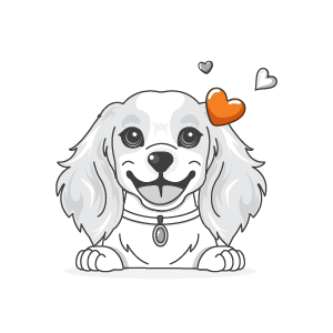 Cartoon illustration of a smiling, long-haired white dog with a collar and two hearts floating near its head, perfect for brightening up any pet wall on a plain background.