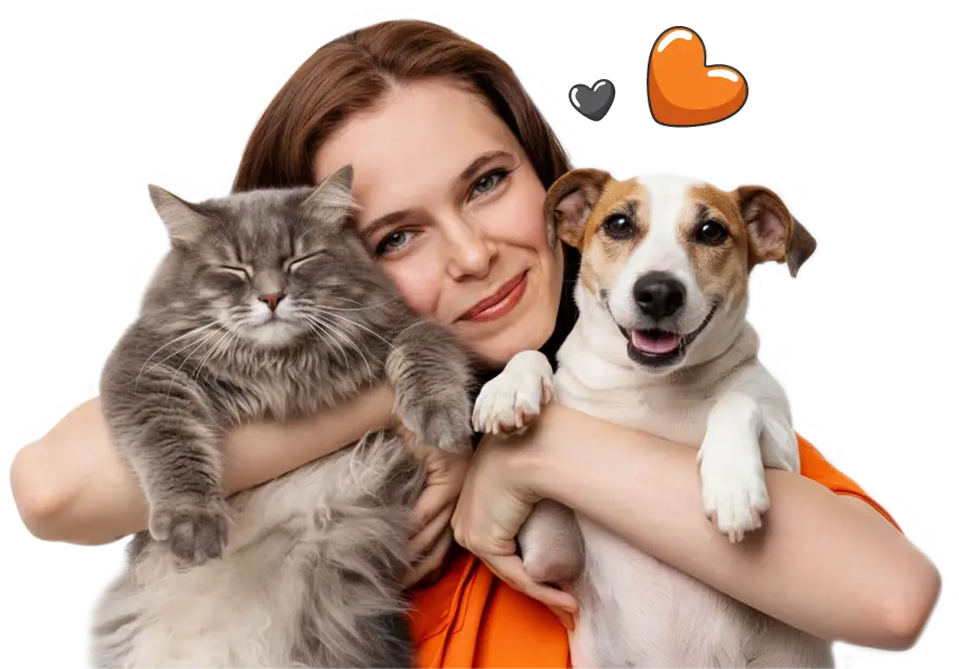 Woman smiling and holding a fluffy grey cat and a brown and white dog, with heart icons above, showcasing Pet Insurance in a charming new design for 2026.