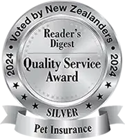 Silver medal badge labeled "Reader's Digest Quality Service Award 2024 Silver, Pet Insurance, Voted by New Zealanders." PD Insurance proudly recognized for outstanding service.