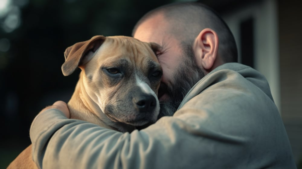 A bearded man hugs a tan dog, a reminder of the support available for pet abuse in NZ.