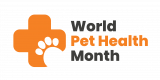 World Pet Health Month Logo with an orange medical cross featuring a paw print, next to the text "World Pet Health Month" in black and orange letters.